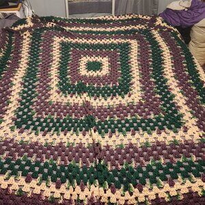 Hand Crocheted Twin Size Blanket Green Tan Purple